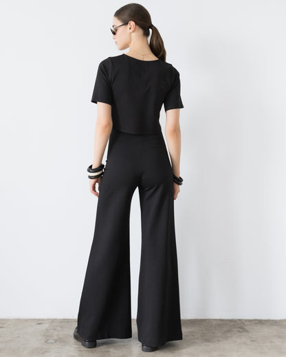 Black Ponte Knit Long Wide Leg Pant