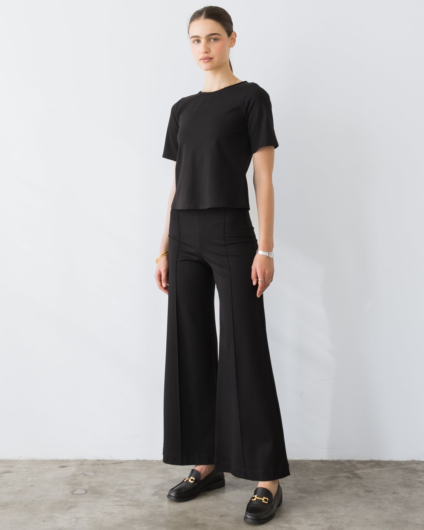 Black Ponte Knit Standard Wide Leg Pant