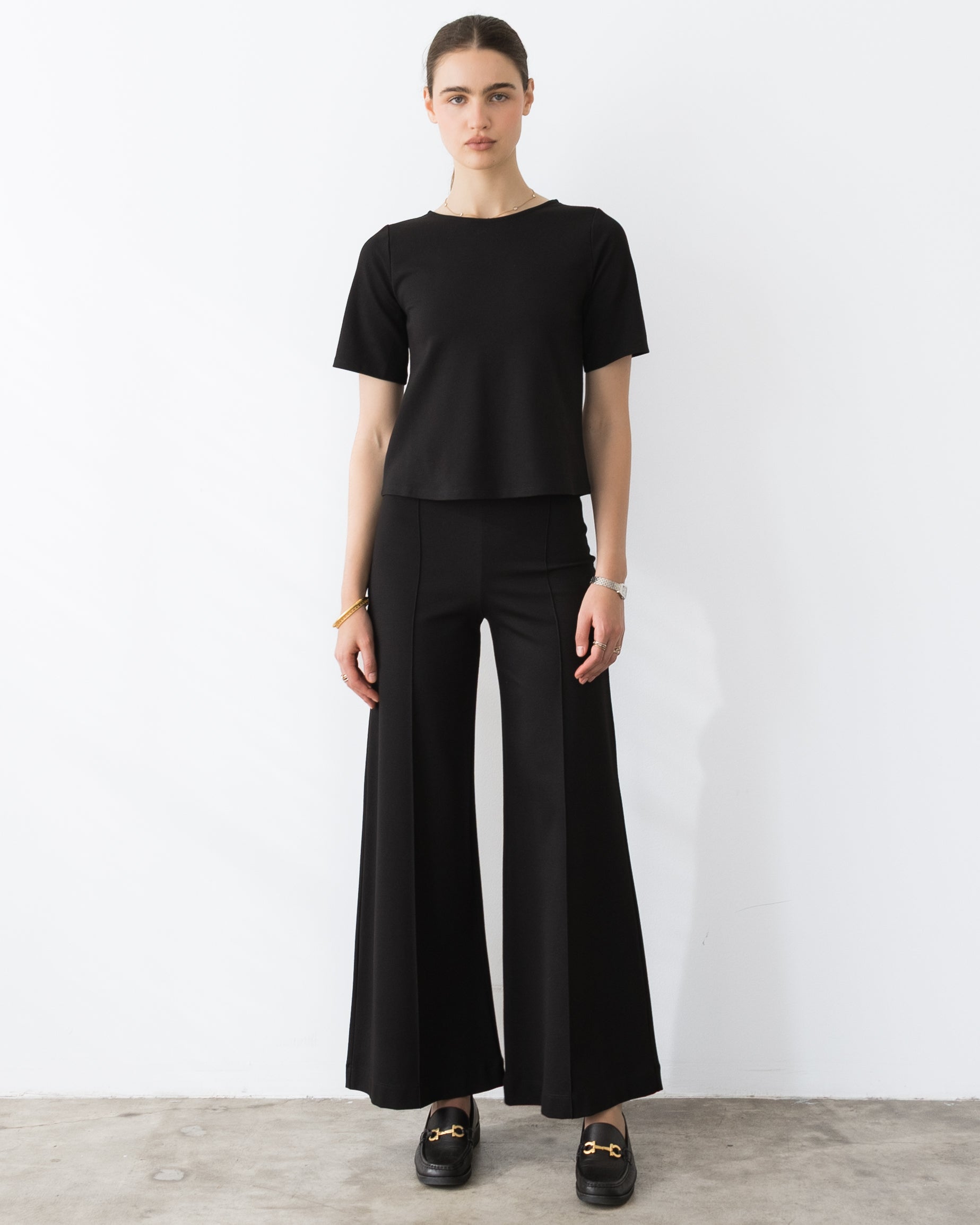 Black Ponte Knit Standard Wide Leg Pant