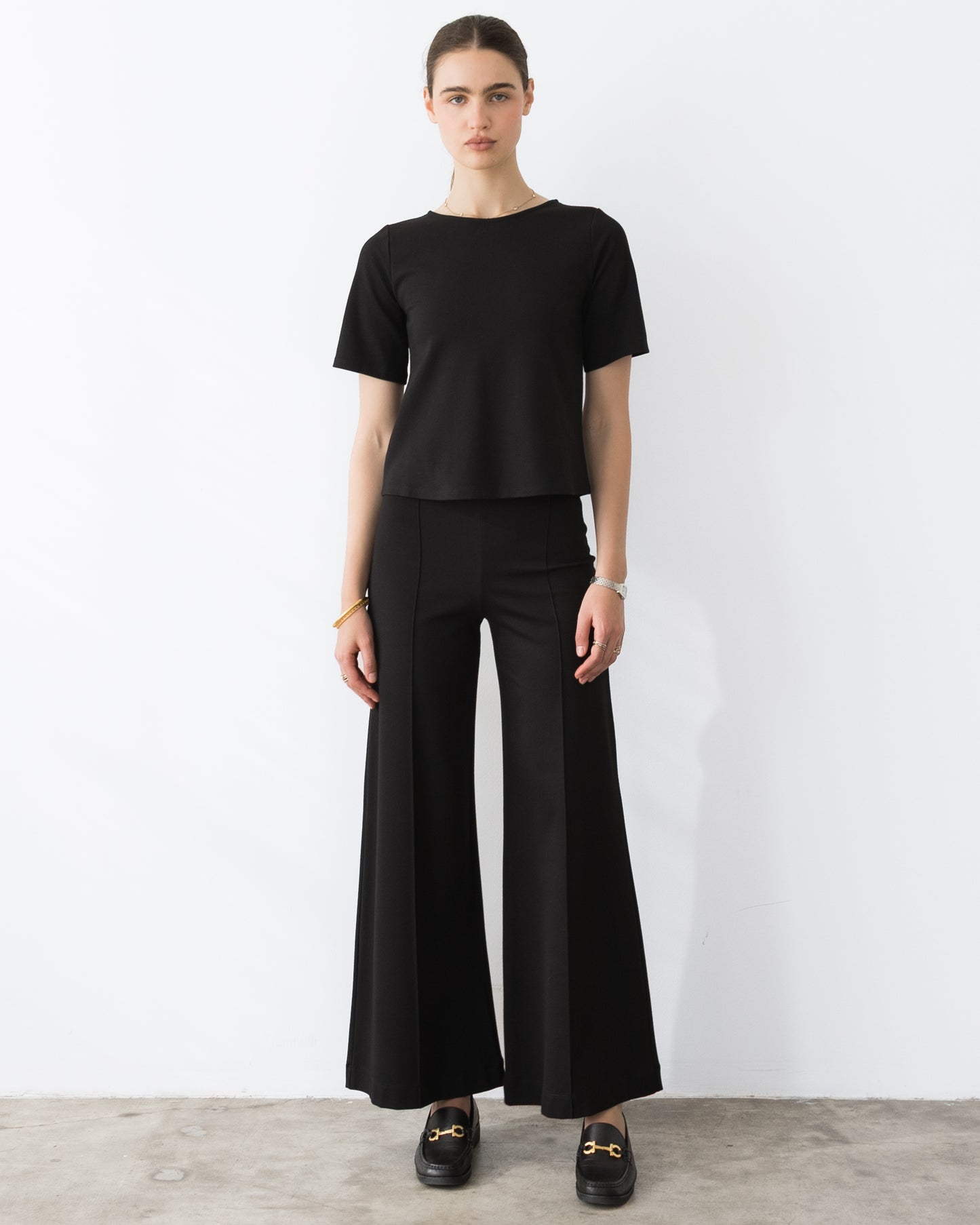 Black Ponte Knit Standard Wide Leg Pant