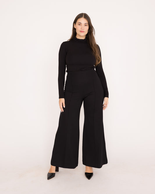 Black Ponte Knit Standard Wide Leg Pant