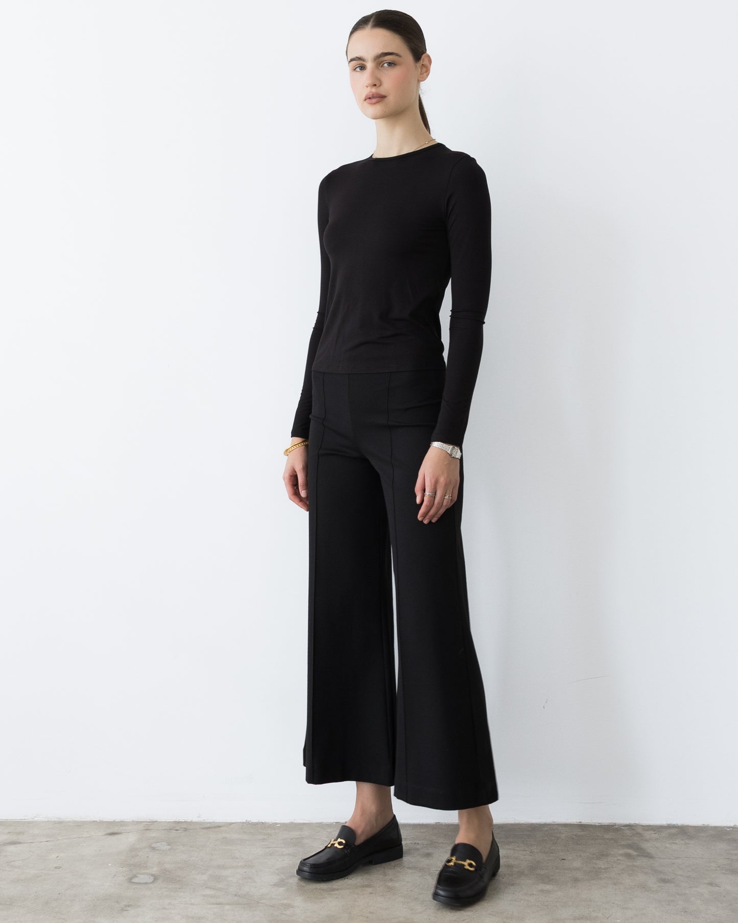 Black Ponte Knit Cropped Wide Leg Pant
