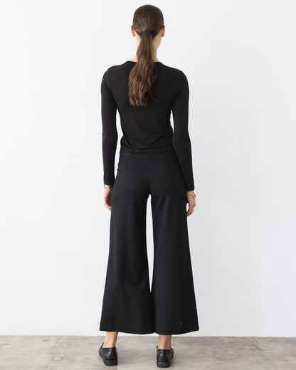 Black Ponte Knit Cropped Wide Leg Pant