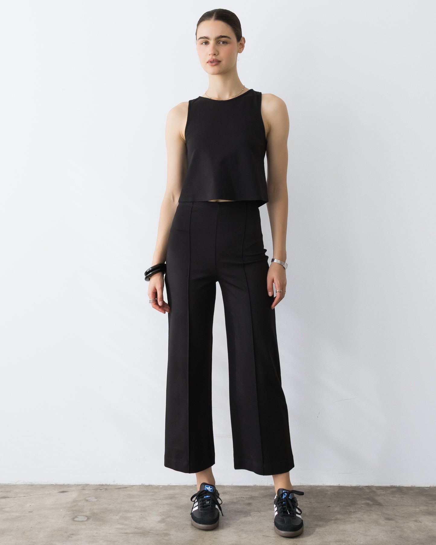 Black Ponte Knit Cropped Straight Leg Pant