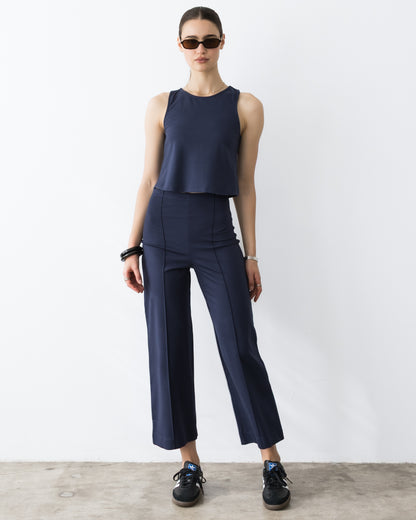 Navy Ponte Knit Cropped Straight Leg Pant