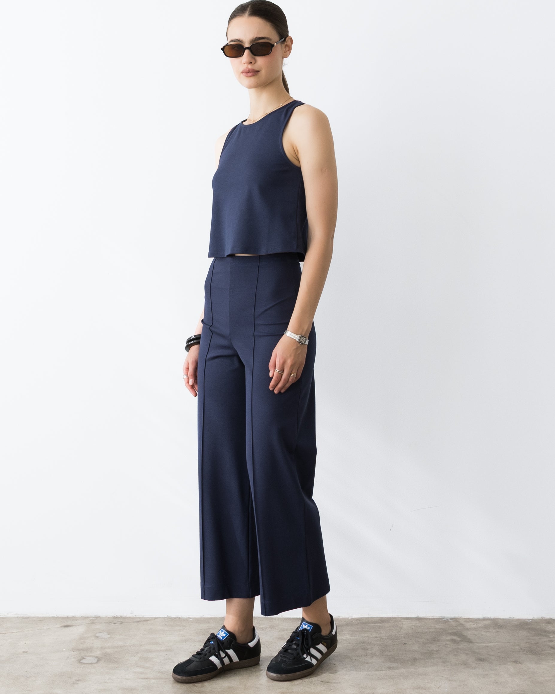 Navy Ponte Knit Cropped Straight Leg Pant
