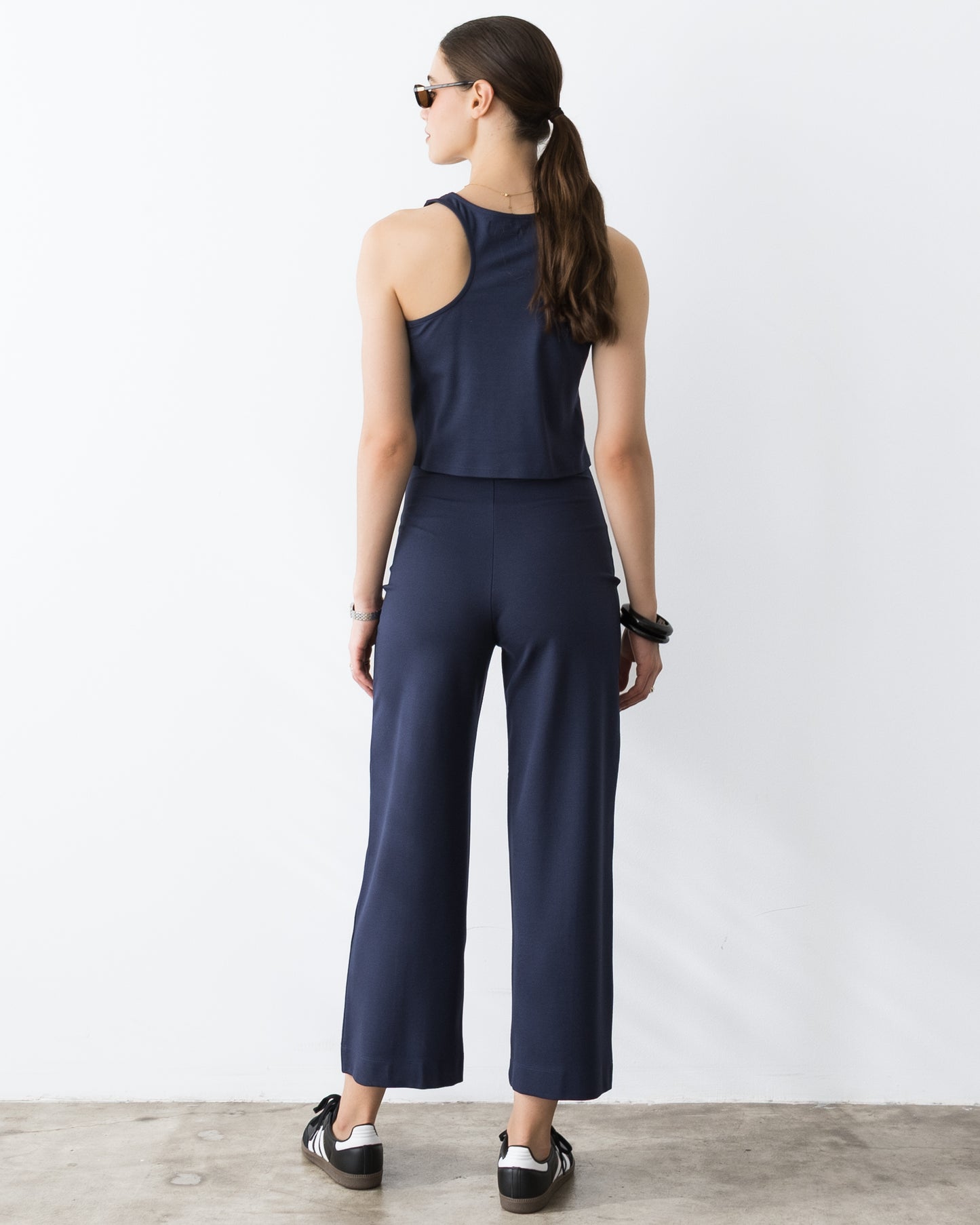 Navy Ponte Knit Cropped Straight Leg Pant
