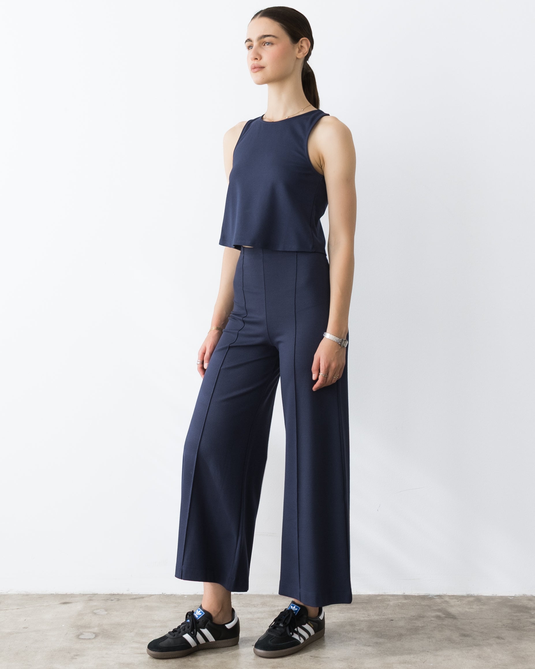 Navy Ponte Knit Cropped Wide Leg Pant