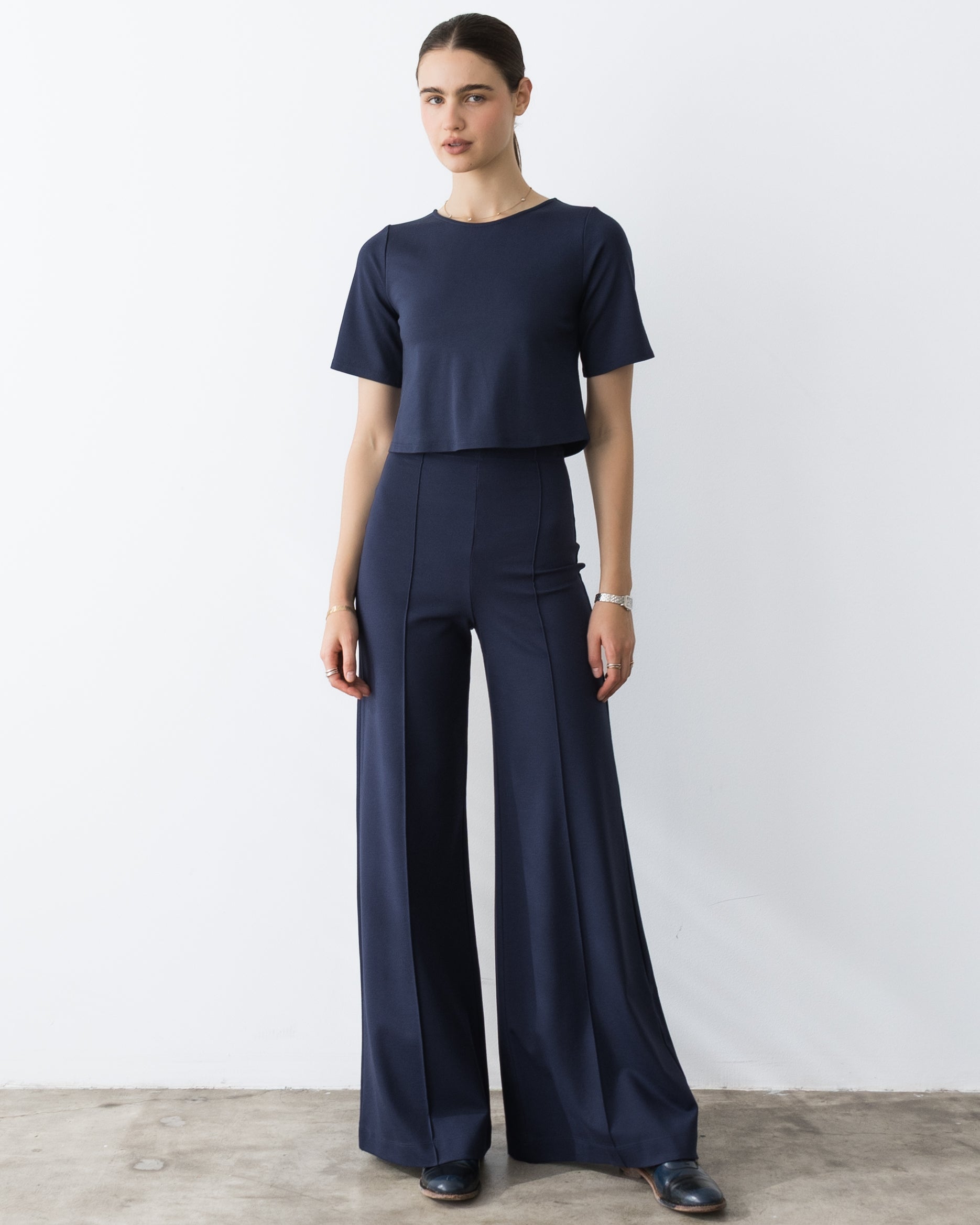 Navy Ponte Knit Long Wide Leg Pant