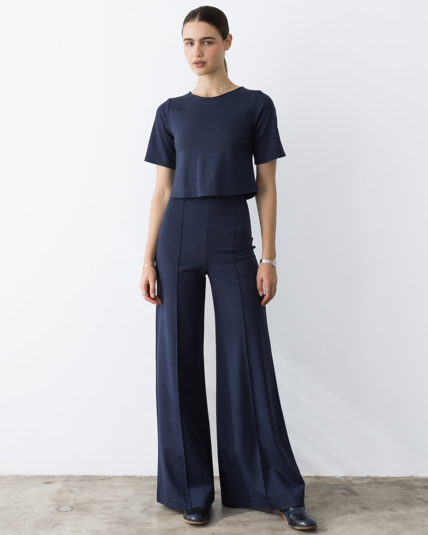 Navy Ponte Knit Long Wide Leg Pant