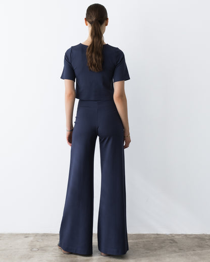 Navy Ponte Knit Long Wide Leg Pant