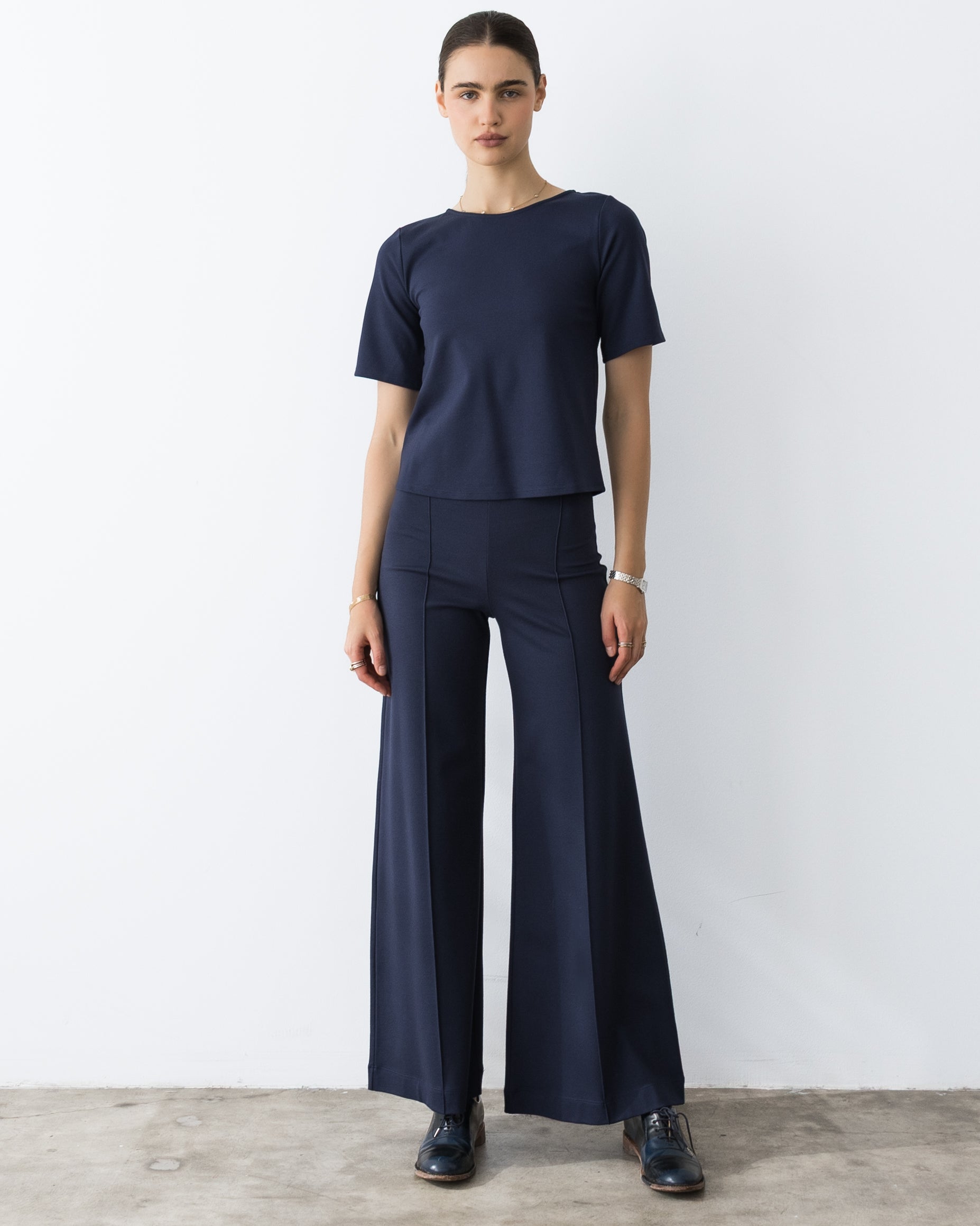 Navy Ponte Knit Standard Wide Leg Pant