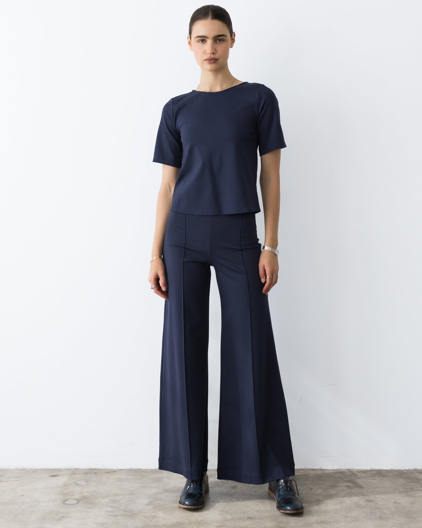 Navy Ponte Knit Standard Wide Leg Pant