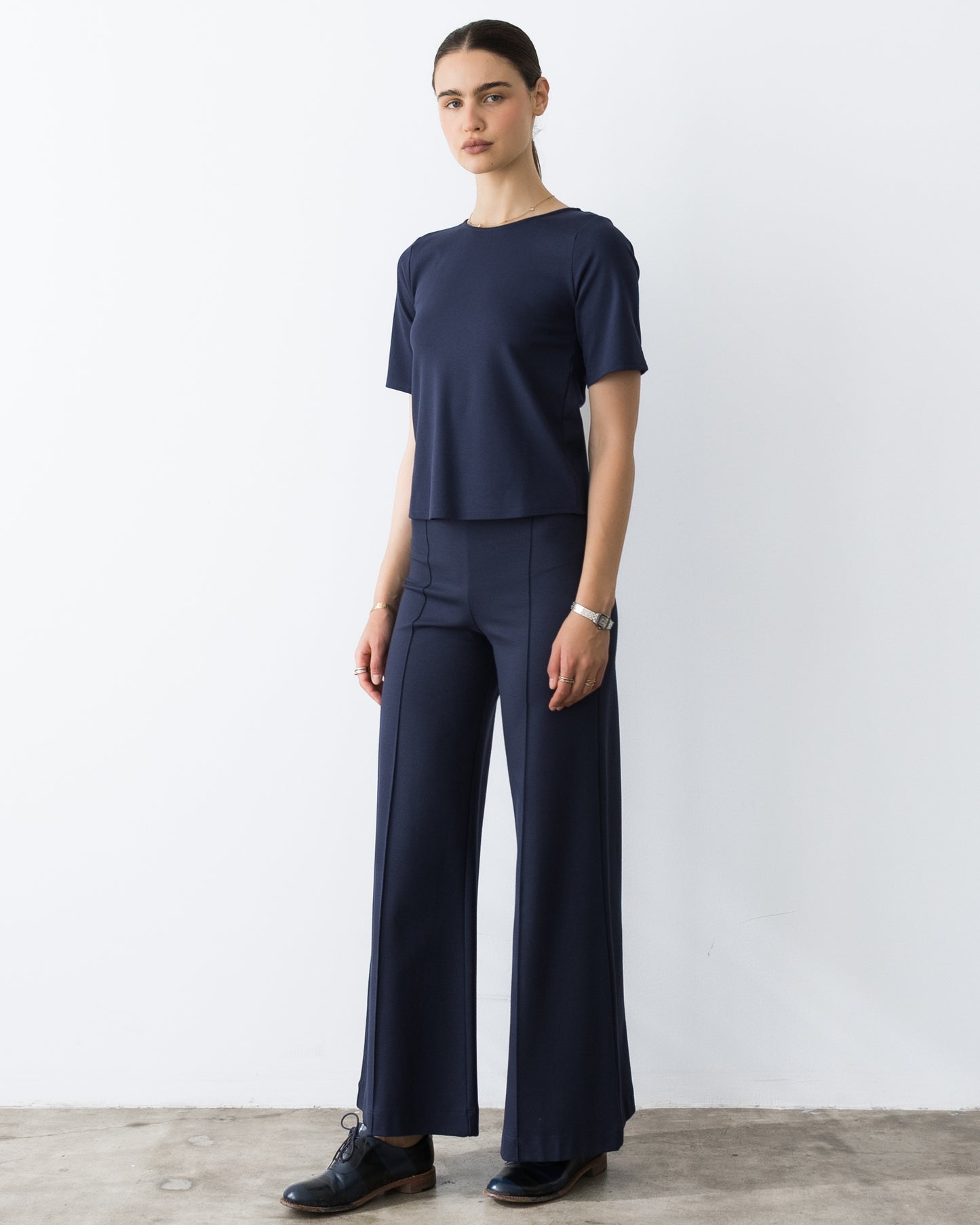 Navy Ponte Knit Standard Wide Leg Pant