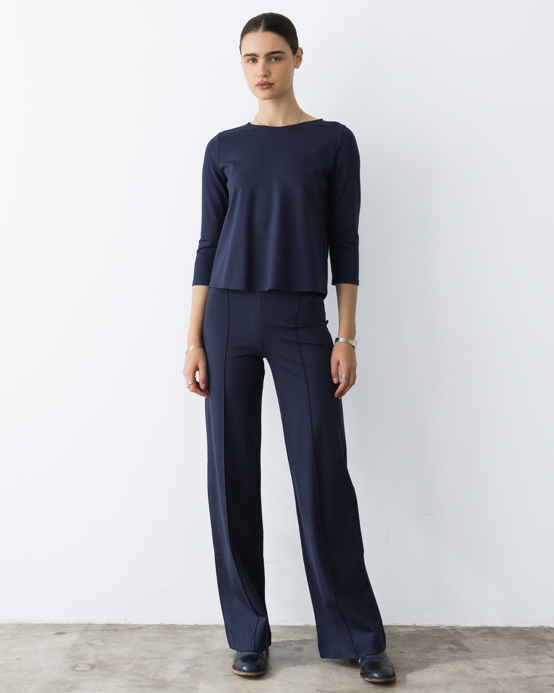 Navy Ponte Knit Long Straight Leg Pant
