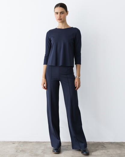 Navy Ponte Knit Long Straight Leg Pant