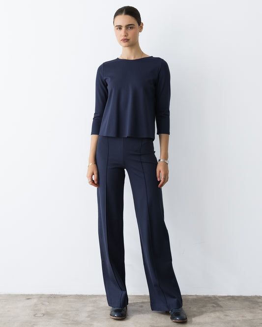 Navy Ponte Knit Long Straight Leg Pant