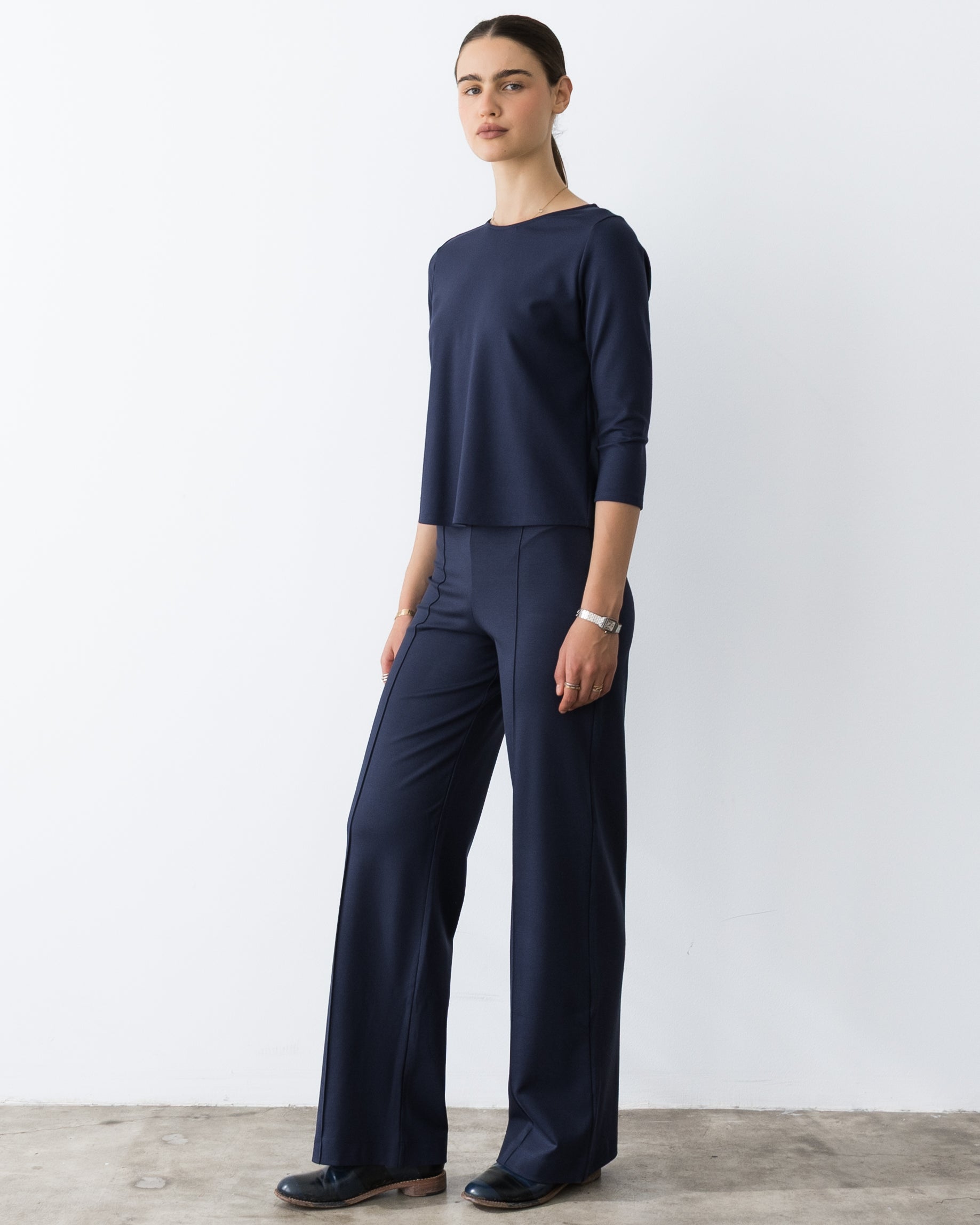 Navy Ponte Knit 3/4 Sleeve Top