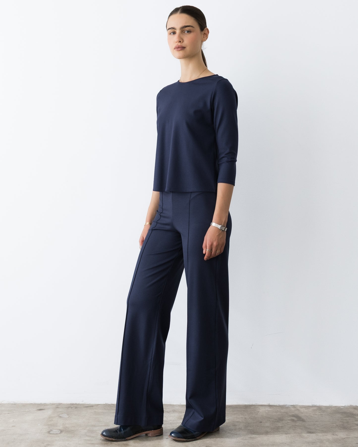 Navy Ponte Knit 3/4 Sleeve Top