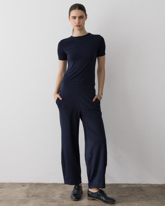 Navy Ponte Knit Barrel Pant