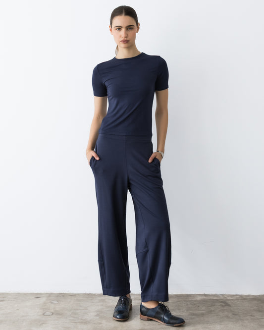 Navy Ponte Knit Barrel Pant