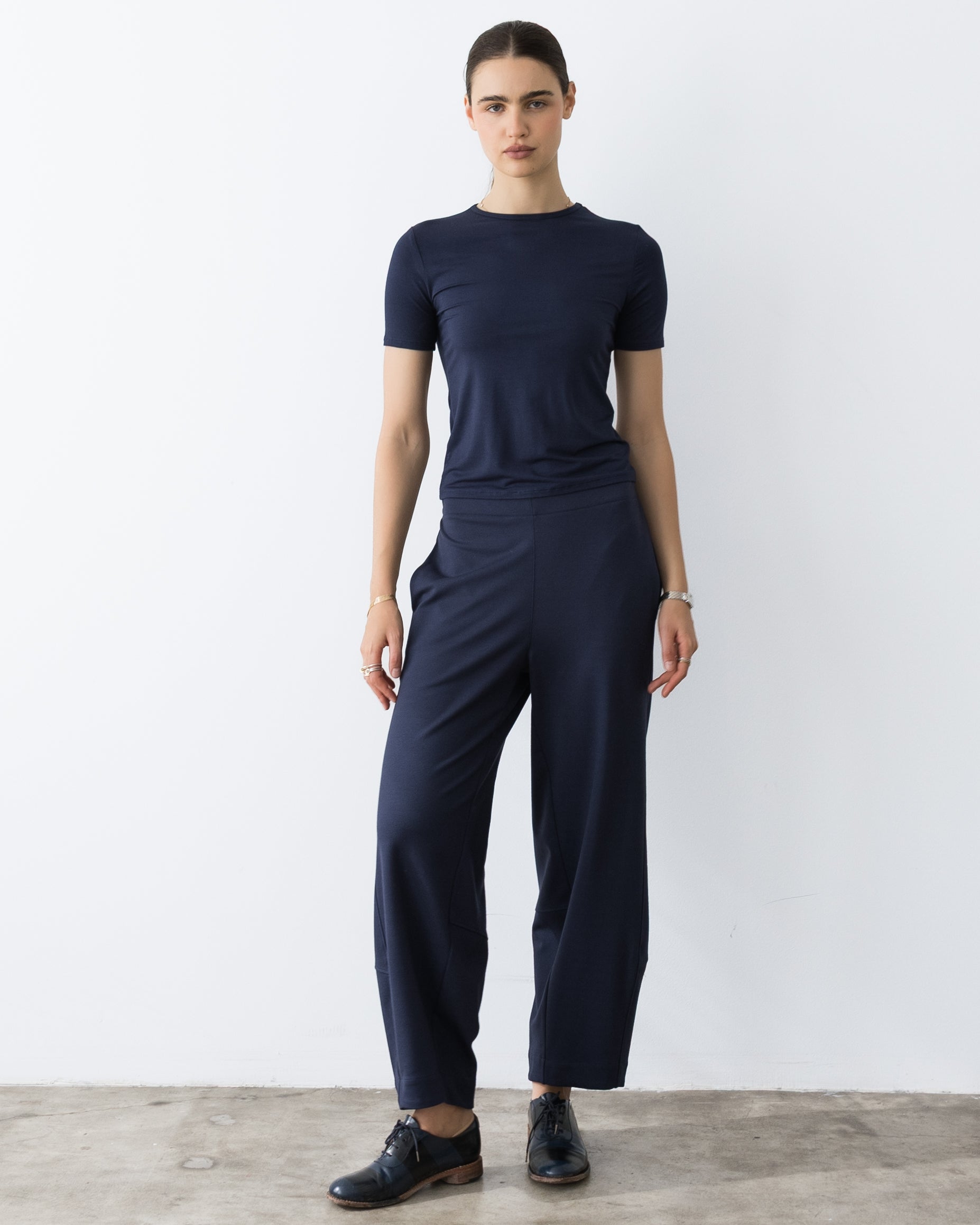 Navy Ponte Knit Barrel Pant