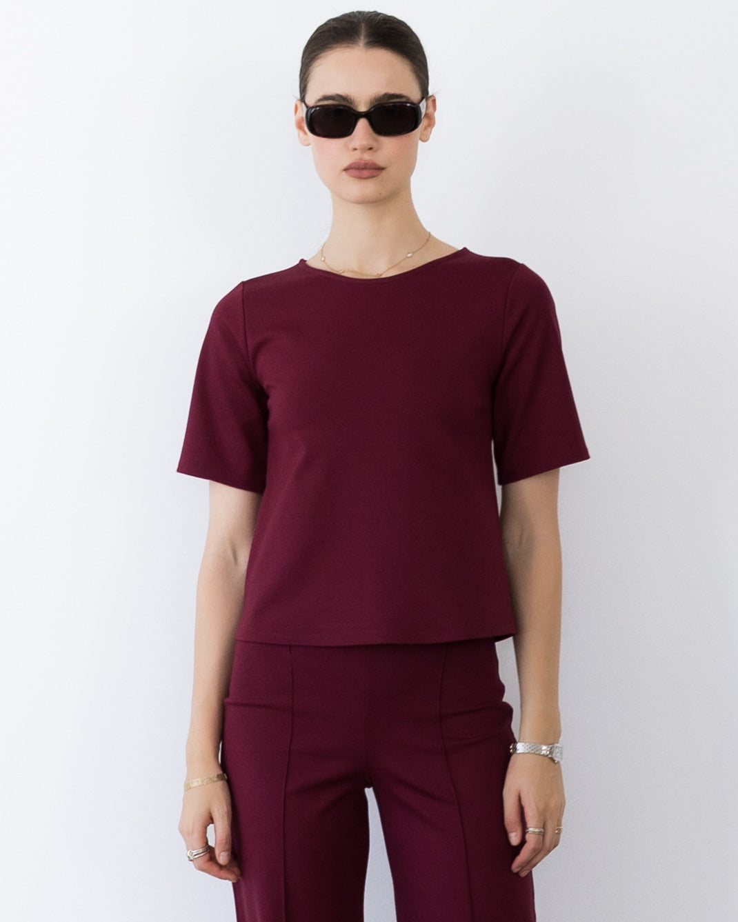 Wine Ponte Knit Extended Short Sleeve Top