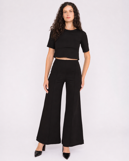 Black Ponte Knit Standard Wide Leg Pant