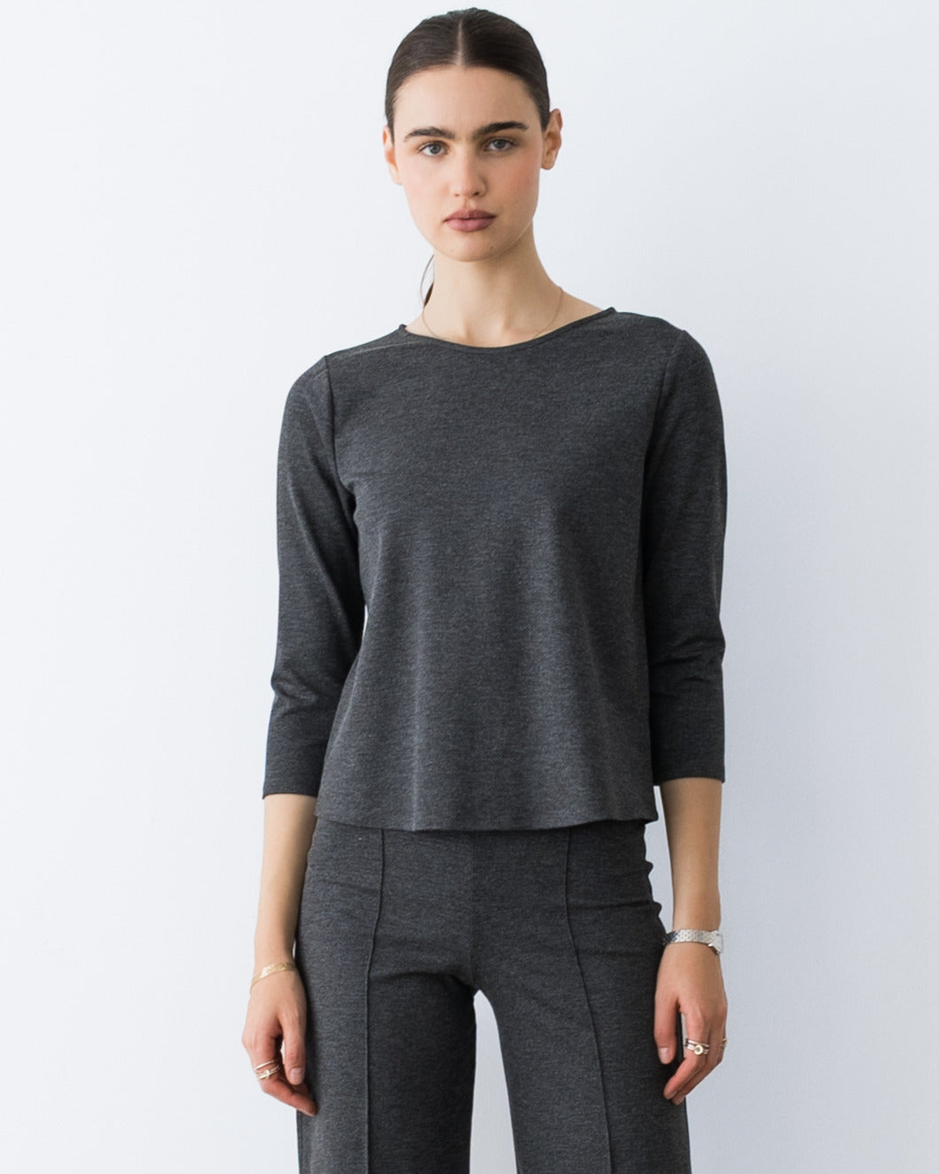 Charcoal Ponte Knit 3/4 Sleeve Top