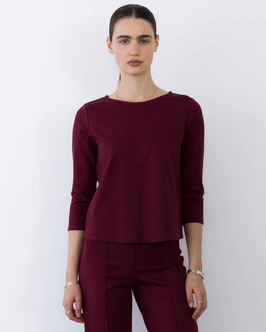 Wine Ponte Knit 3/4 Sleeve Top