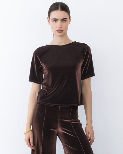 Chocolate Stretch Velvet Extended Short Sleeve Top