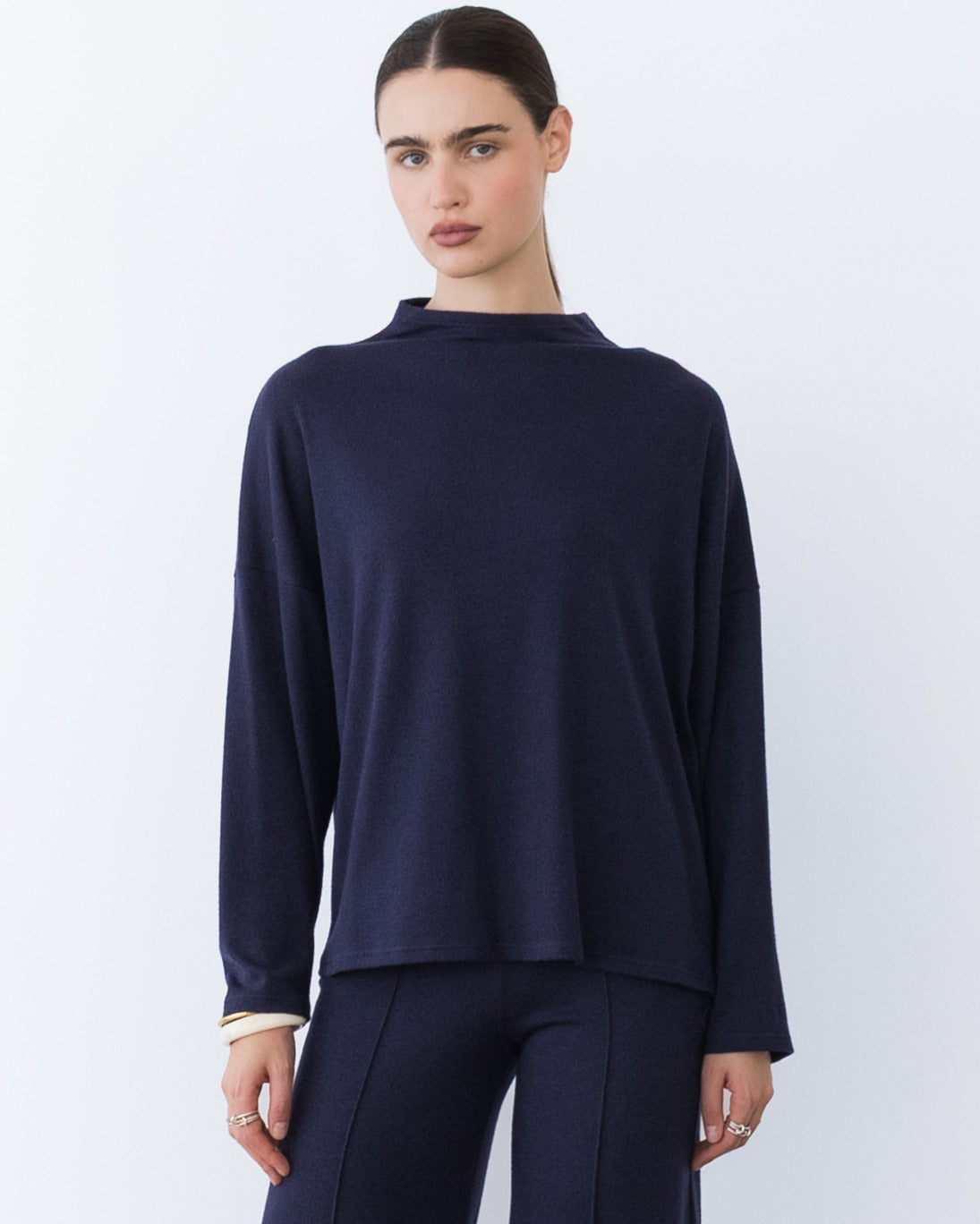 Navy Sweater Knit Funnel Neck Top