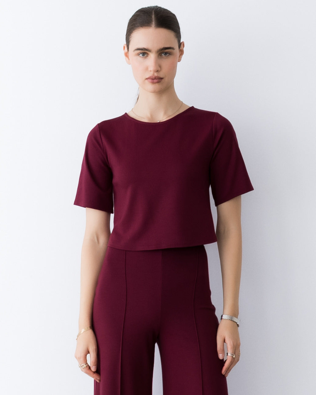 Wine Ponte Knit Short Sleeve Top