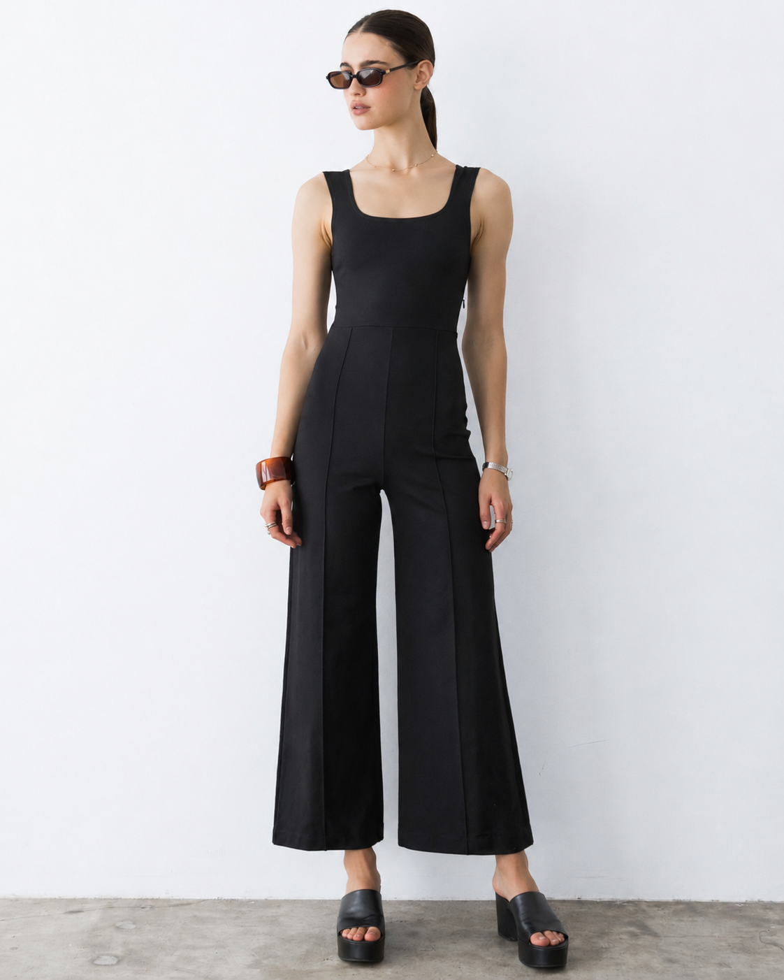 Black Ponte Knit Tank Wide Leg Jumpsuit: Cropped