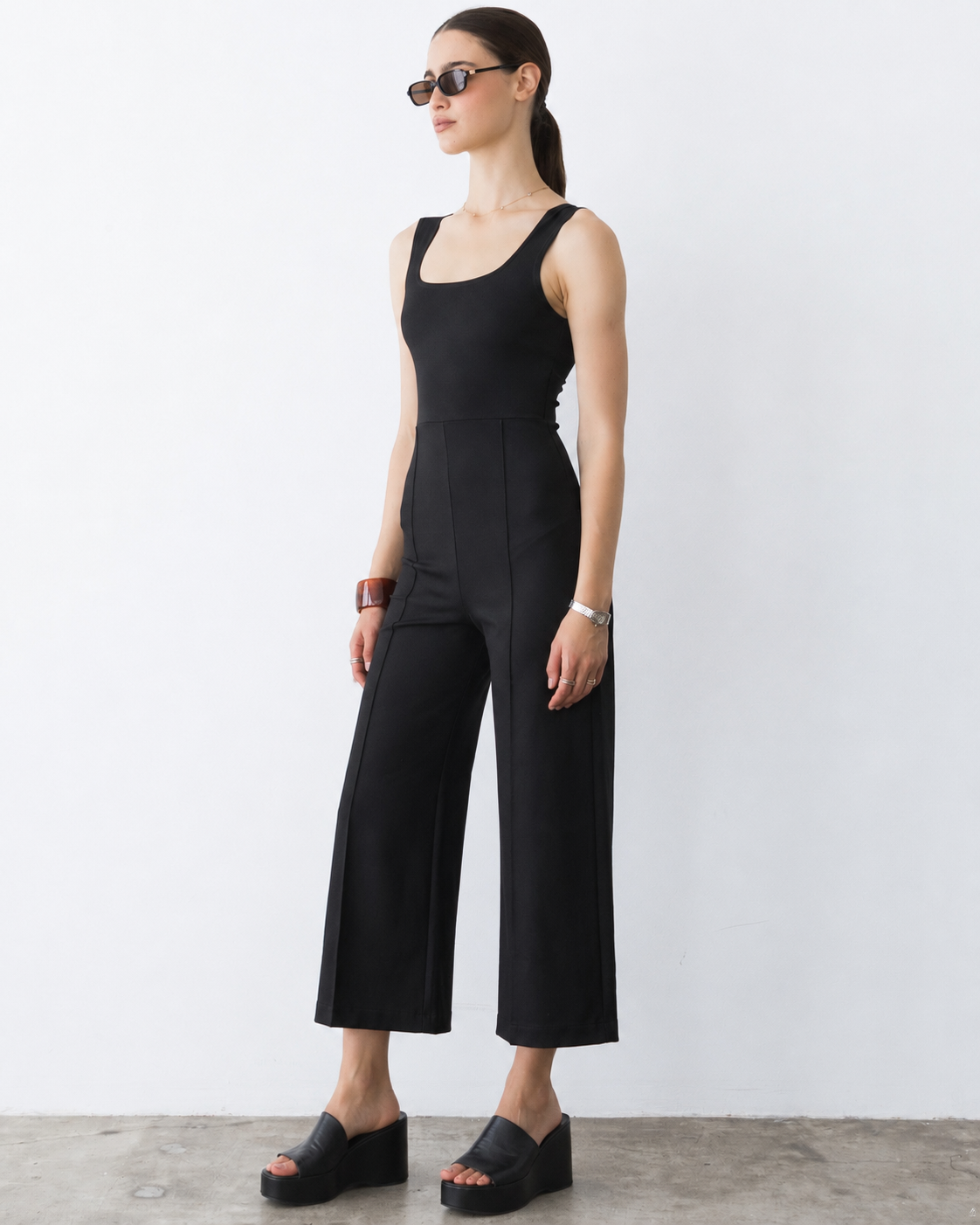 Black Ponte Knit Tank Wide Leg Jumpsuit: Cropped