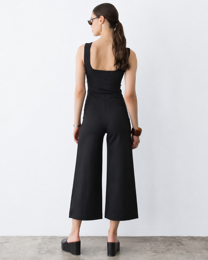 Black Ponte Knit Tank Wide Leg Jumpsuit: Cropped