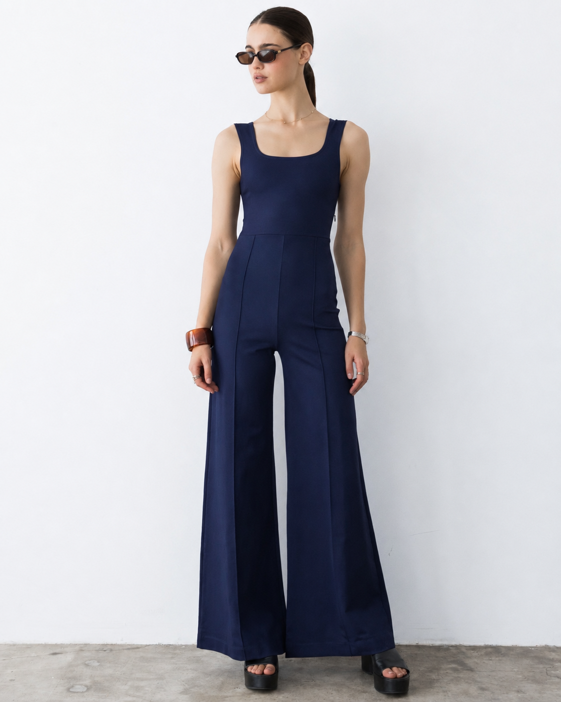Navy Ponte Knit Tank Wide Leg Jumpsuit