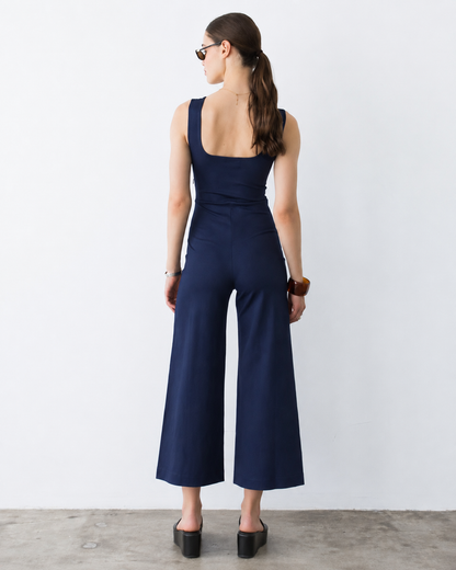 Navy Ponte Knit Tank Wide Leg Jumpsuit: Cropped