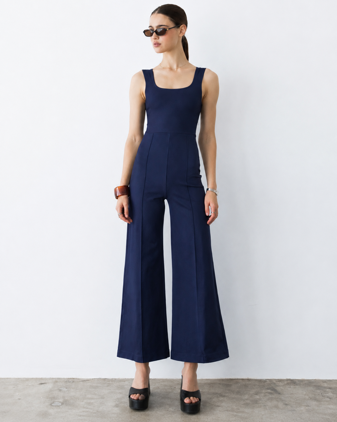 Navy Ponte Knit Tank Wide Leg Jumpsuit: Cropped