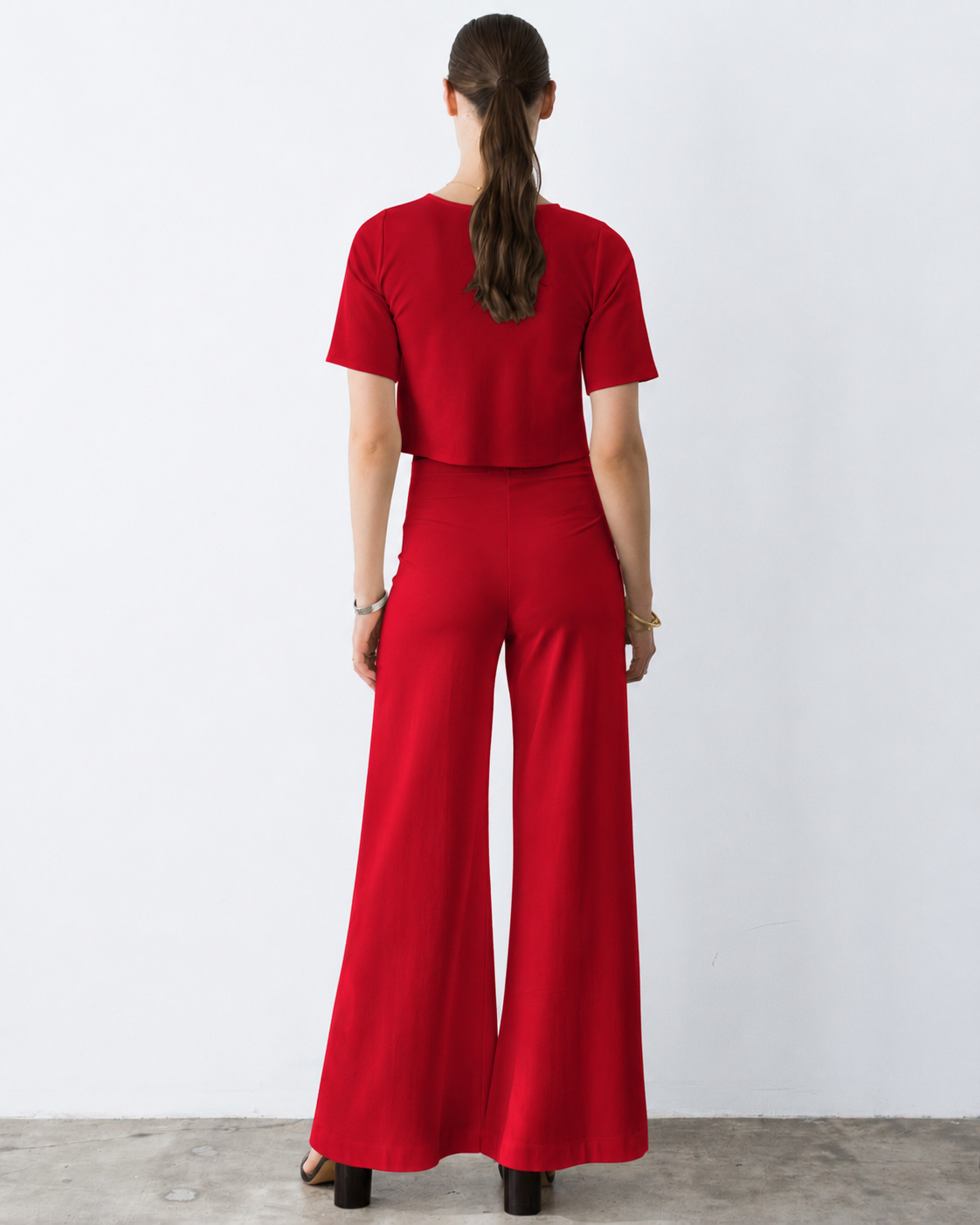 Red Ponte Knit Long Wide Leg Pant