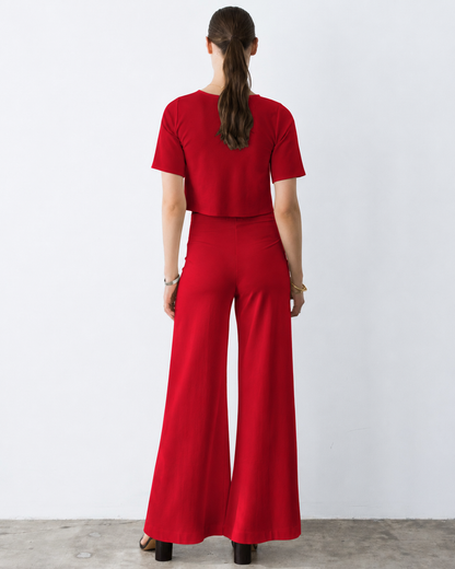 Red Ponte Knit Long Wide Leg Pant