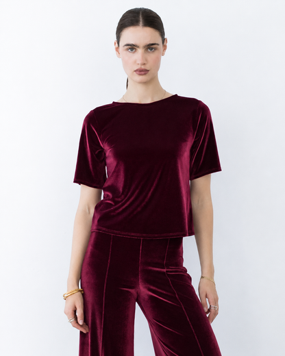 Merlot Stretch Velvet Extended Short Sleeve Top