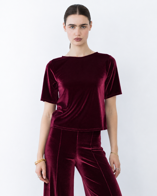 Merlot Stretch Velvet Extended Short Sleeve Top