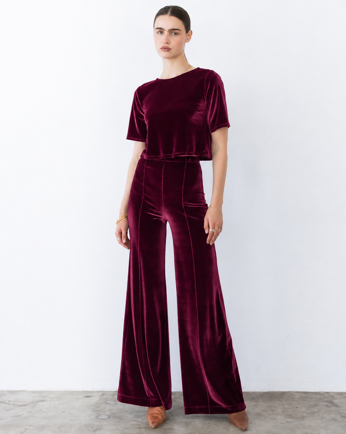 Merlot Stretch Velvet Wide Leg Pant