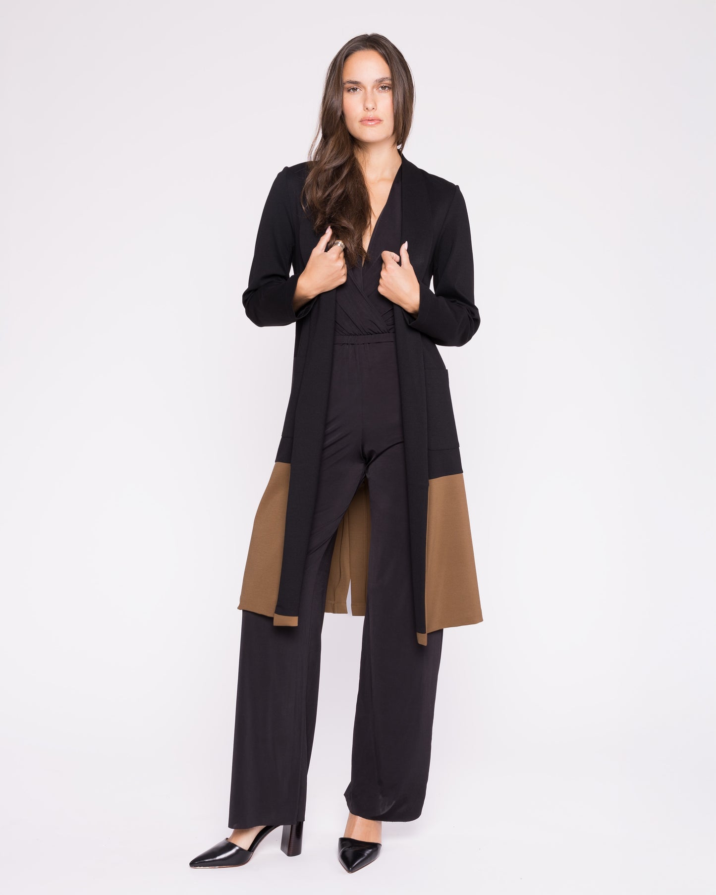 Black/Camel Ponte Knit Color Block Smoking Jacket