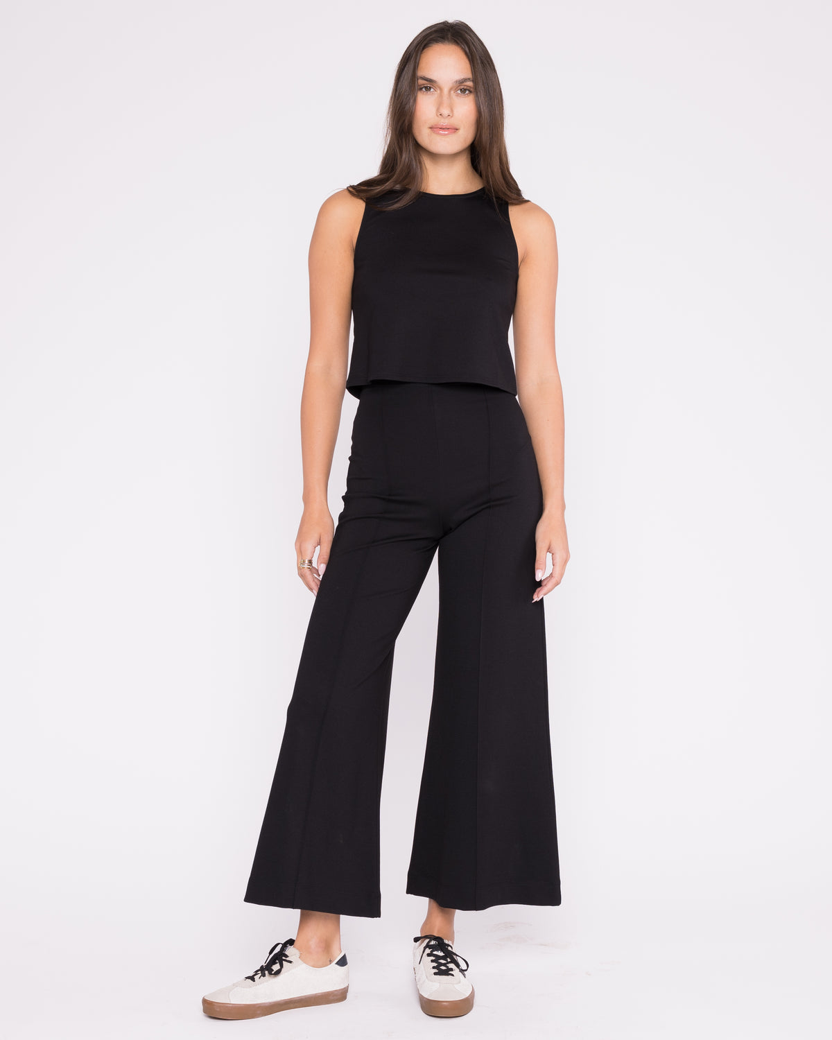 Black Ponte Knit Wide Leg Pant: Cropped