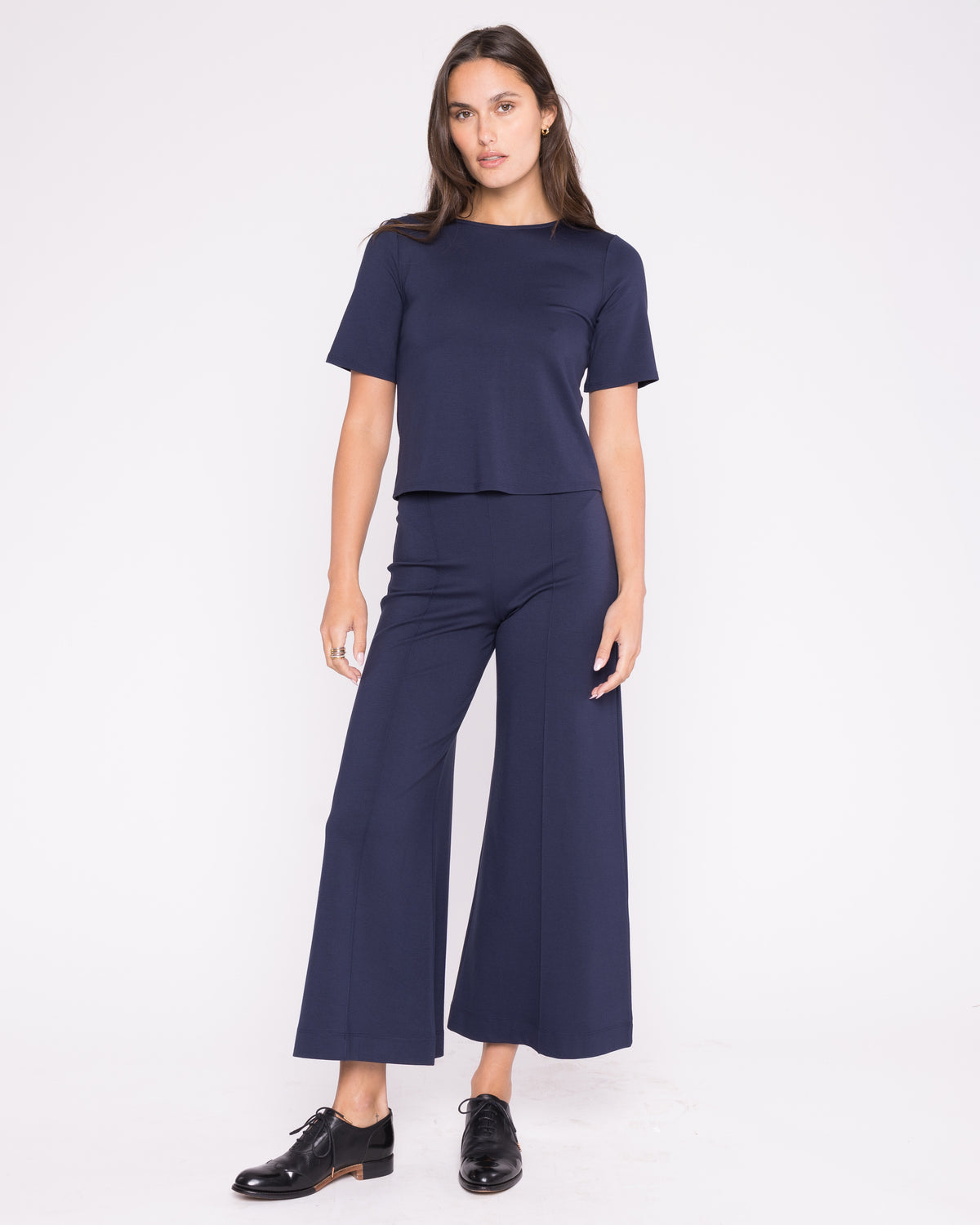 Navy Ponte Knit Wide Leg Pant: Cropped