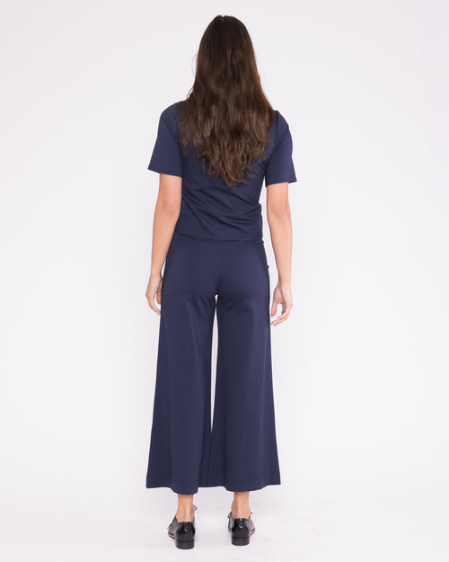 Navy Ponte Knit Wide Leg Pant: Cropped