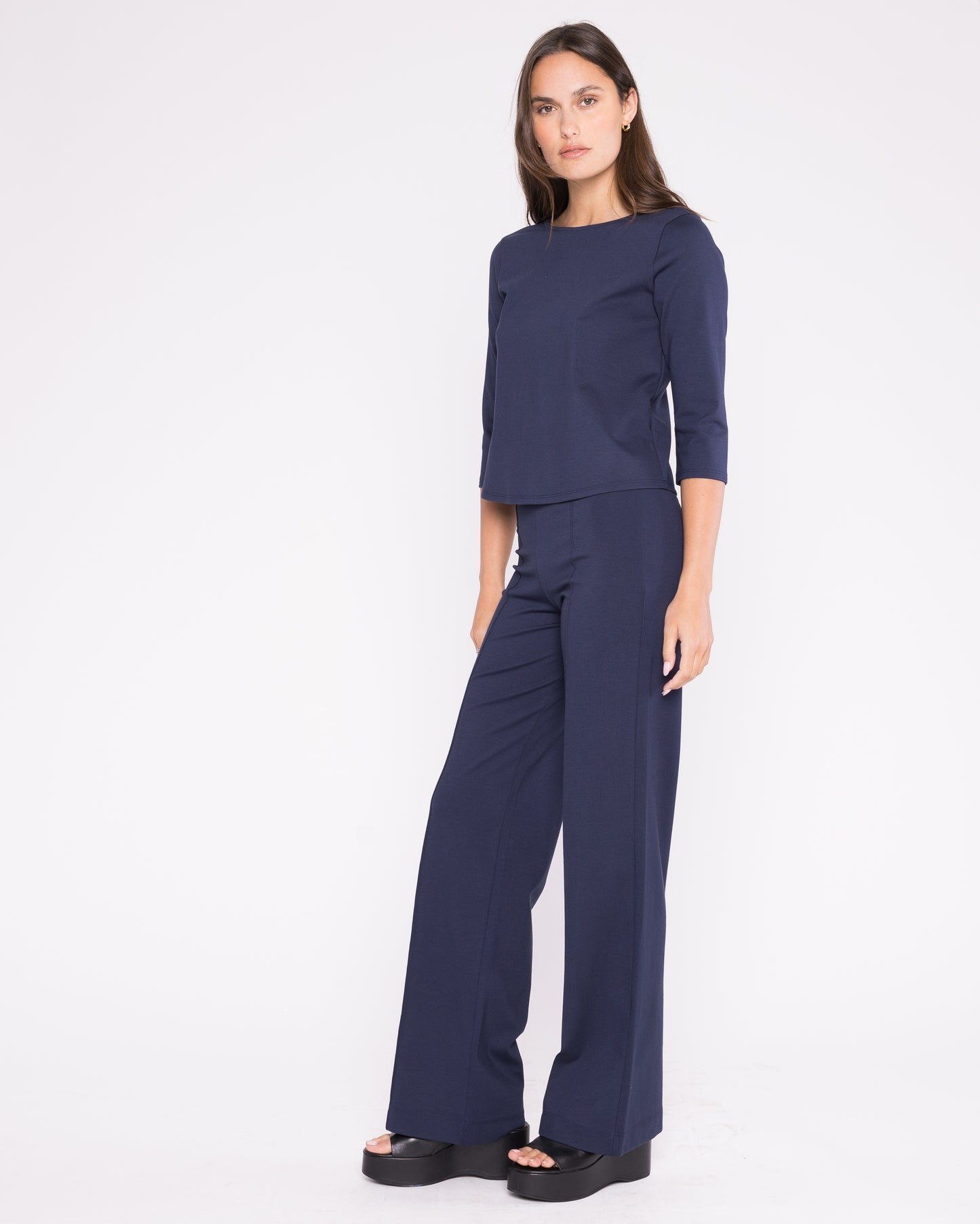 Navy Ponte Knit 3/4 Sleeve Top