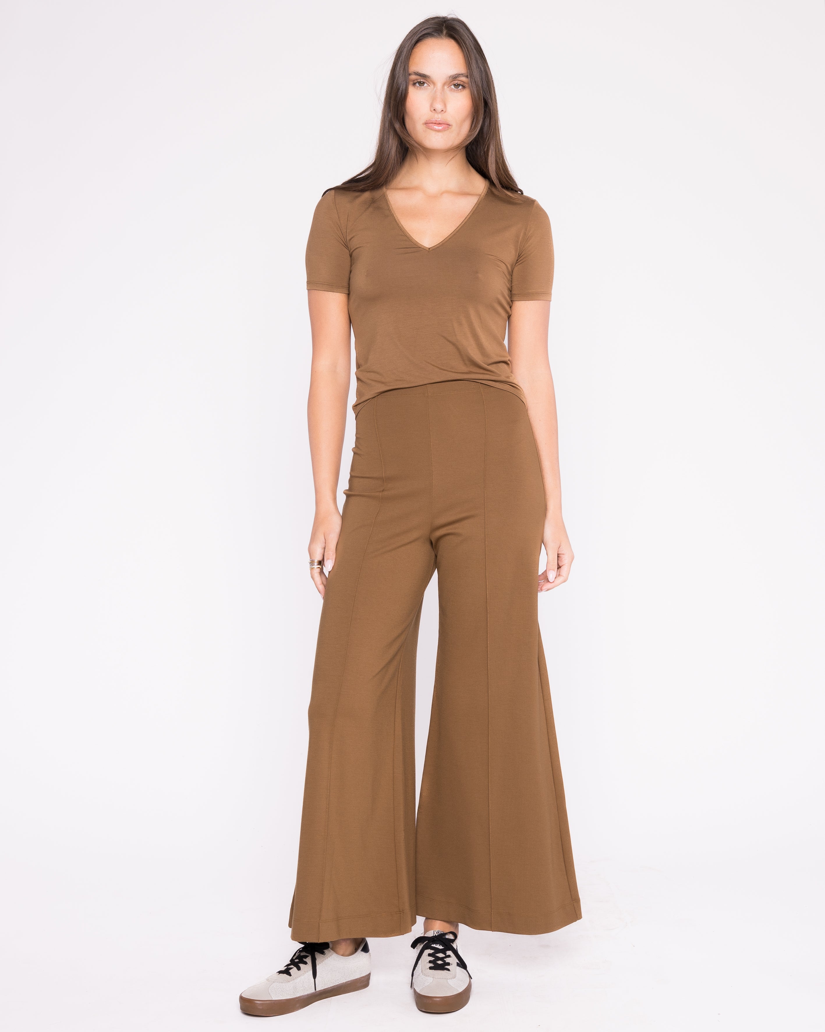 Camel Ponte Knit Wide Leg Pant: Cropped | Ripley Rader
